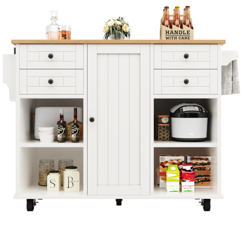 Moderne Kücheninsel (127×46×91,5cm) Küchenschrank Essschrank mit Holzmaserung Esswagen mit multifunktionalem Stauraum und herausnehmbaren Trennwänden, weiß