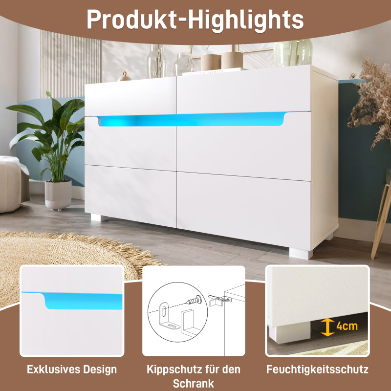 Kommode, Sideboard Holz mit 6 Schubladen, LED Beleuchtung (App Control), Mehrzweckschrank für Wohnzimmer und Schlafzimmer, 71 x 120 x 40 cm, Weiß