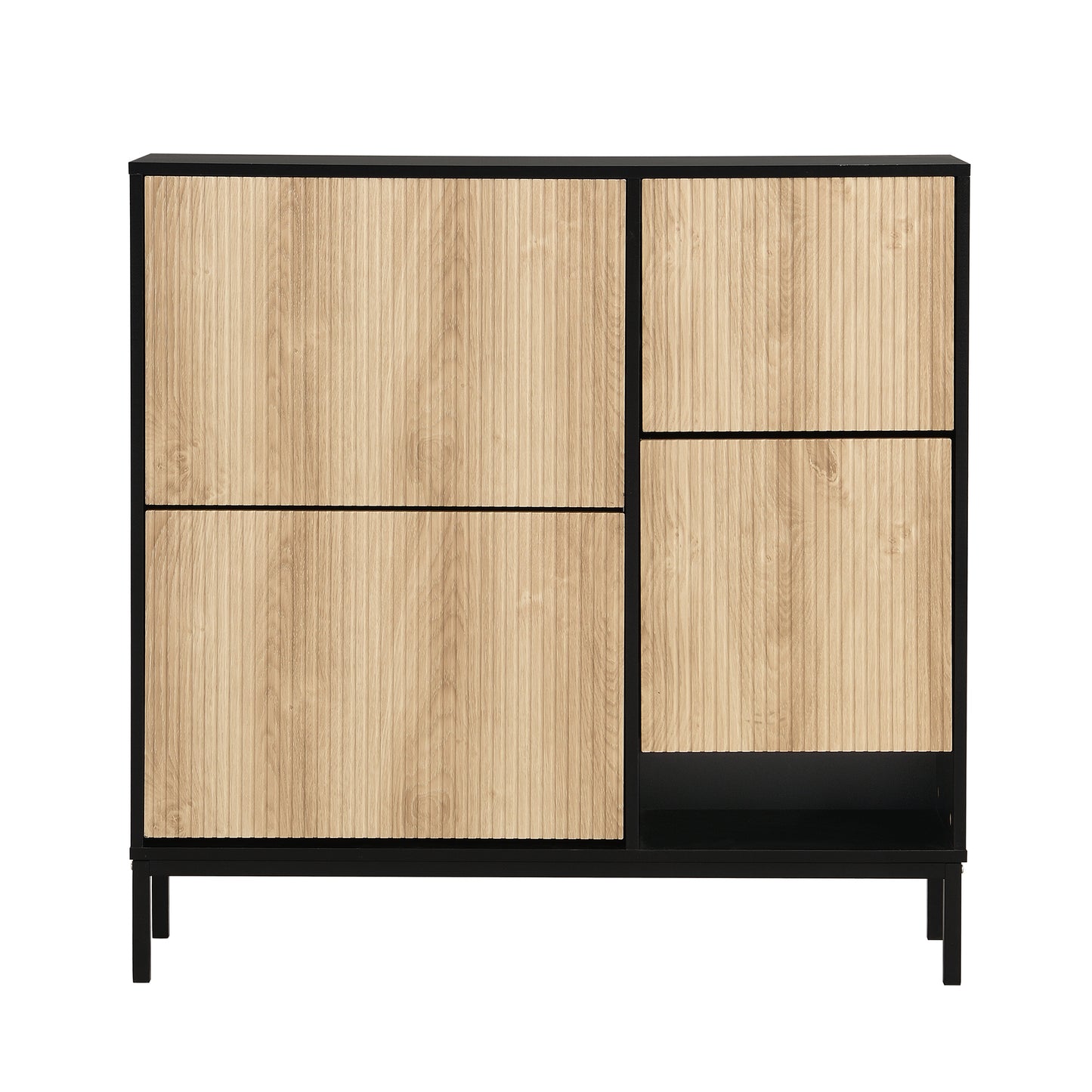 Schuhschrank mit Schuhwechselhocker, dreifach klappbarem Schuhregal und offenem Stauraum, geeignet für Flure, Schwarz + Holzfarbe