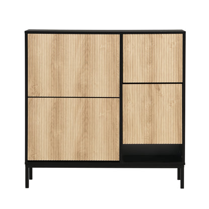 Schuhschrank mit Schuhwechselhocker, dreifach klappbarem Schuhregal und offenem Stauraum, geeignet für Flure, Schwarz + Holzfarbe