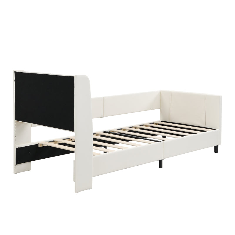 Kinder-Spleißbett, Polsterbett, Tagesbett, Schlafsofa mit Metallbettgestell, Kindernachttisch mit unterer Klapptür, 3 kleine Aufbewahrungstaschen, PU+MDF+Sperrholz, Weiß, 90x200cm
