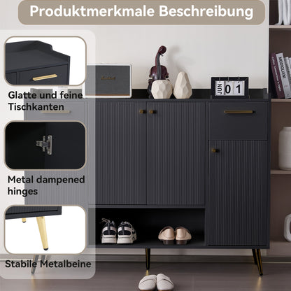 Schuhschrank, Schuhregal mit 2 Schubladen und 4 Türen, Metallfüße, schwarz