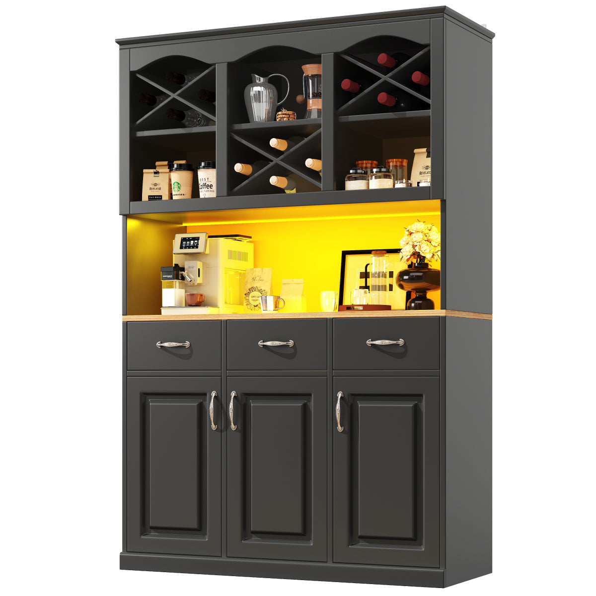 Küchenschrank 120x180cm LED, Hohes Buffet Schwarz, 3 Türen & 3 Schubladen, App-Steuerung, MDF Mehrzweckschrank