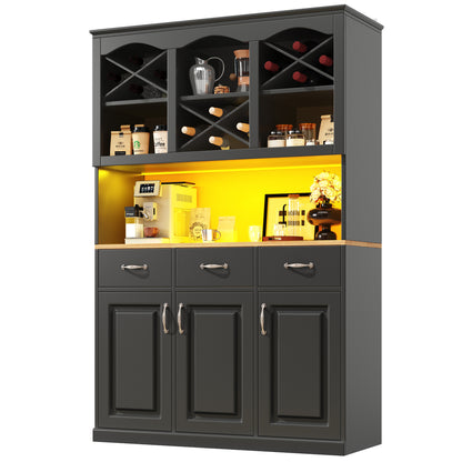Küchenschrank 120x180cm LED, Hohes Buffet Schwarz, 3 Türen & 3 Schubladen, App-Steuerung, MDF Mehrzweckschrank