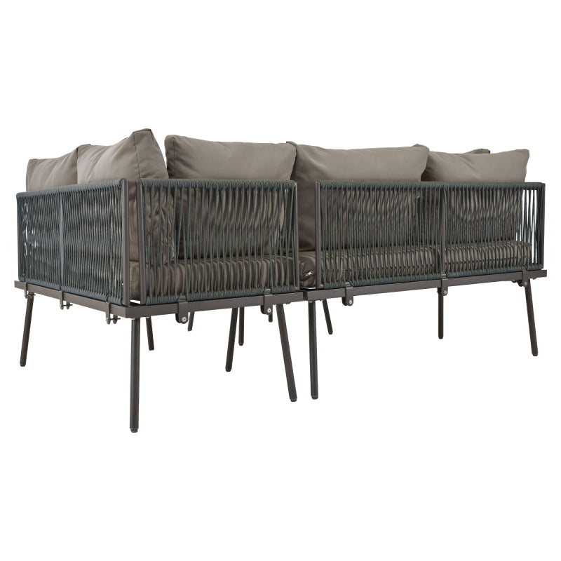 Garten-Lounge-Set aus Eisen, Gartenmöbel-Set aus grauem Seil, L-förmiges Gartenmöbel-Set, Lounge-Set aus grauem Seil mit Sitzkissen, verstellbaren Füßen, 2 Sofas und 1 Tisch