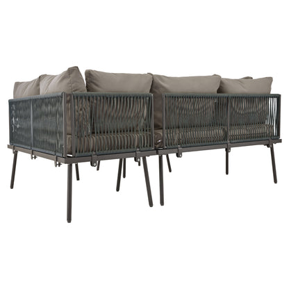 Garten-Lounge-Set aus Eisen, Gartenmöbel-Set aus grauem Seil, L-förmiges Gartenmöbel-Set, Lounge-Set aus grauem Seil mit Sitzkissen, verstellbaren Füßen, 2 Sofas und 1 Tisch