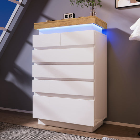 Kommode, Hochglanz Sideboard mit 6 Schubladen, LED Beleuchtung (App Control), Mehrzweckschrank für Wohnzimmer und Schlafzimmer, 115 x 73 x 39 cm, Weiß