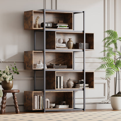 Bücherregal, 5 Etagen, mit Einlegeböden, Holzmaserung braun mit schwarzem Stahlrohr