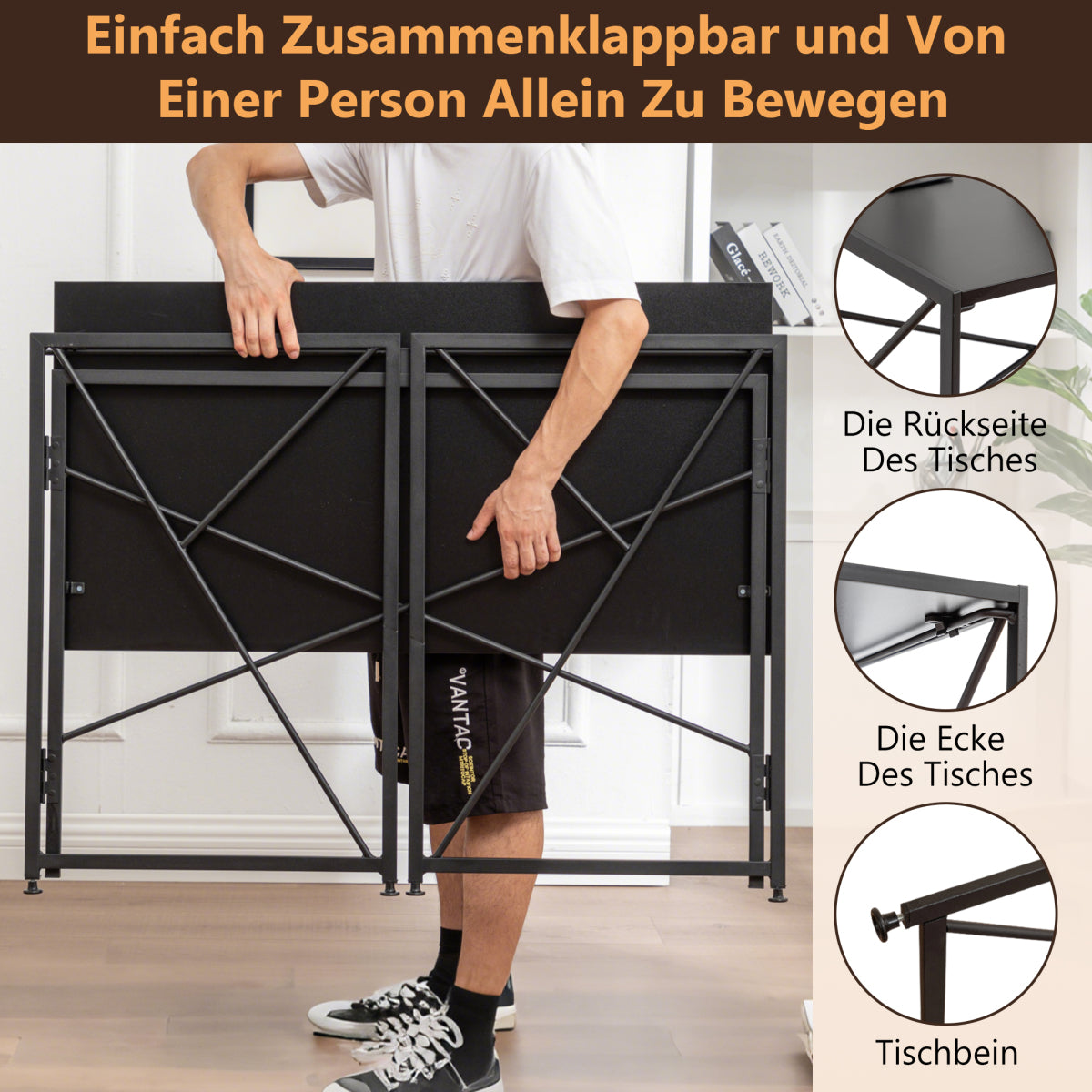 Klappbarer Schreibtisch 99x50cm – Computertisch Faltbar & Platzsparend in 8 Sek. Montiert, MDF Holzoptik für Home Office & Büro, Schwarz