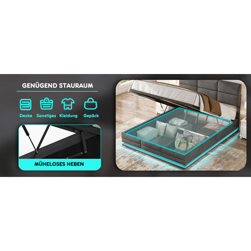 160 x 200 cm Bettgestell aus weichem Samt mit USB Type C Ladefunktion und LED Beleuchtung, Hydrauliksystem Stauraum Bettgestell aus Samtmaterial Jugendbett mit Lattenrost, Grau