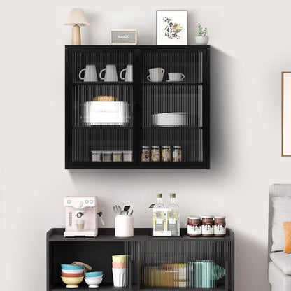 70CM Glastüren Moderner zweitüriger Wandschrank mit dreistufiger Lagerung für Eingangsbereich Wohnzimmer Badezimmer Esszimmer(Black)