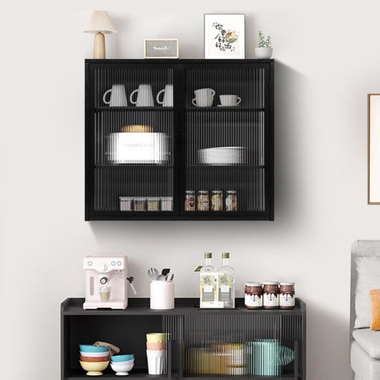 70CM Glastüren Moderner zweitüriger Wandschrank mit dreistufiger Lagerung für Eingangsbereich Wohnzimmer Badezimmer Esszimmer(Black)