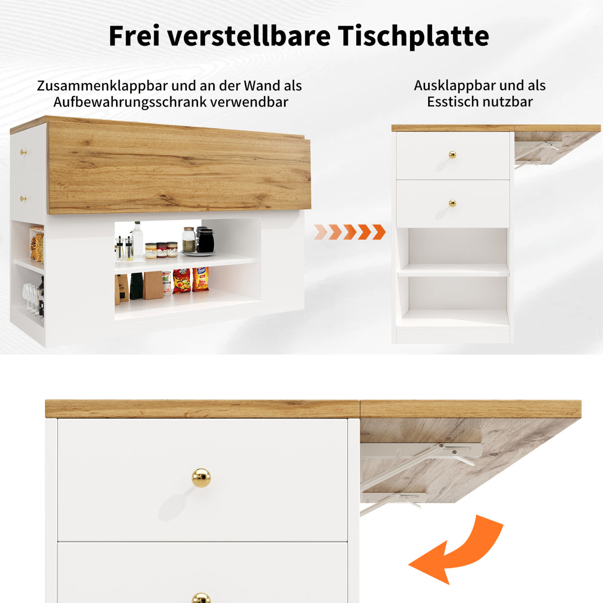 Moderne Kücheninsel Weiß, Küchenschrank mit klappbarer Arbeitsplatte, Sideboard mit Schubladen & Regalen, Esstisch & Servierwagen, 140x70cm
