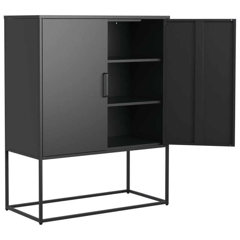Metall-Sideboard,Lagerschrank– 2 Regale, freistehender Stahlschrank, Magnettüren, Anti-Kipp-Sicherung, Wohnzimmer, Küche, Büro, Schwarz, H 109 cm × B 85 cm × T 40 cm