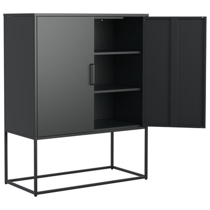 Metall-Sideboard,Lagerschrank– 2 Regale, freistehender Stahlschrank, Magnettüren, Anti-Kipp-Sicherung, Wohnzimmer, Küche, Büro, Schwarz, H 109 cm × B 85 cm × T 40 cm