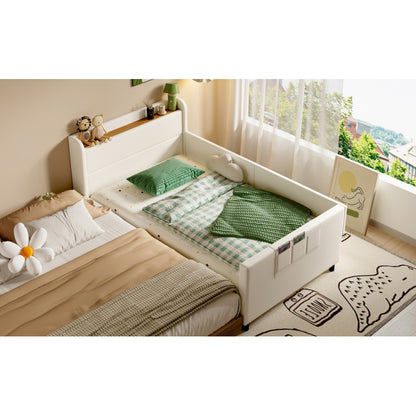Kinder-Spleißbett, Polsterbett, Tagesbett, Schlafsofa mit Metallbettgestell, Kindernachttisch mit unterer Klapptür, 3 kleine Aufbewahrungstaschen, PU+MDF+Sperrholz, Weiß, 90x200cm