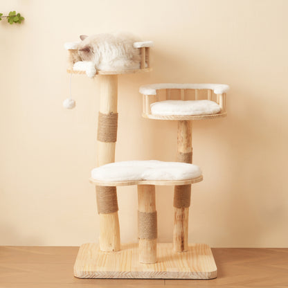 Designer Katzenklettergerüst aus Massivholz - 98 cm hoch, 3-stufiges Sprungbrett, abnehmbare Kissen und Spielbälle, Wolkenoptik-Imitation - Natürlich, umweltfreundlich, nachhaltige Nutzung, Katzenklet