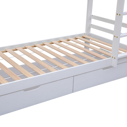 Etagenbett mit Schubladen und Regalen, Hausbett mit dreistufige rechtwinklige Leiter, Kinderbett mit Fallschutz und Gitter, Rahmen aus Kieferholz, Weiß (90x200cm)