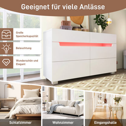 Kommode, Sideboard Holz mit 6 Schubladen, LED Beleuchtung (App Control), Mehrzweckschrank für Wohnzimmer und Schlafzimmer, 71 x 120 x 40 cm, Weiß