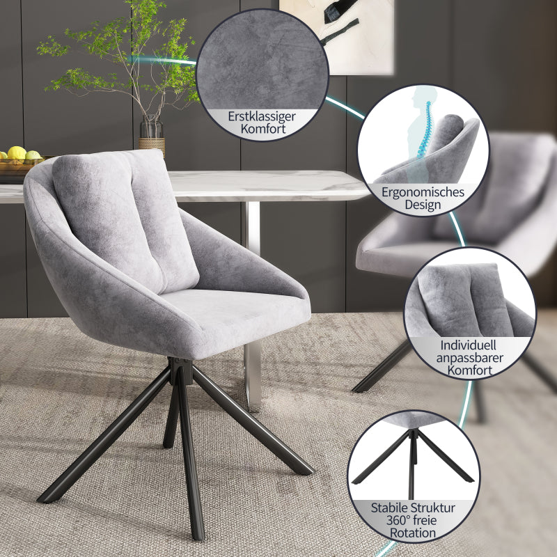 Moderner grauer Samtstuhl, stilvoller und bequemer drehbarer Esszimmerstuhl, atmungsaktiver Samtstoff, ergonomisches Design, eleganter grauer Drehstuhl