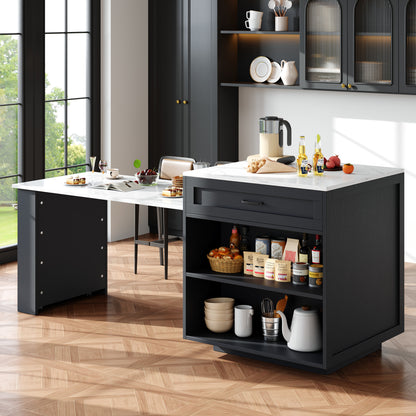 Bartisch ausziehbar 133-202cm, Kücheninsel mit Marmor-Optik & Stauraum, Esstisch für 2-6 Personen, Küchenwagen mit Schubladen & Regalen, Schwarz