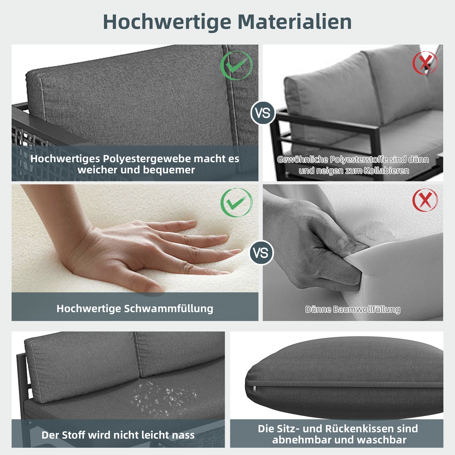 Garten-Lounge-Set, Rattan-Möbel-Set für 6-7 Personen, Ecksofa mit verzinktem Eisengestell, verstellbare Beine, inklusive aller Sitz- und Rückenkissen, grau