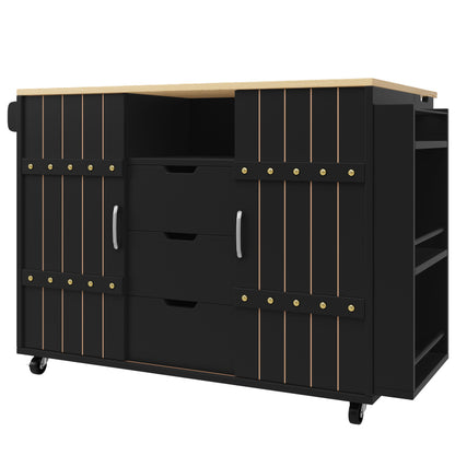 Küchenschrank, Servierwagen mit Holzmaserung, Küchenwagen mit rollen und arbeitsplatte, Küchenwagen mit Gewürzregal und Handtuchhalter, Kücheninsel mit Schiebetüren und Schubladen, schwarz