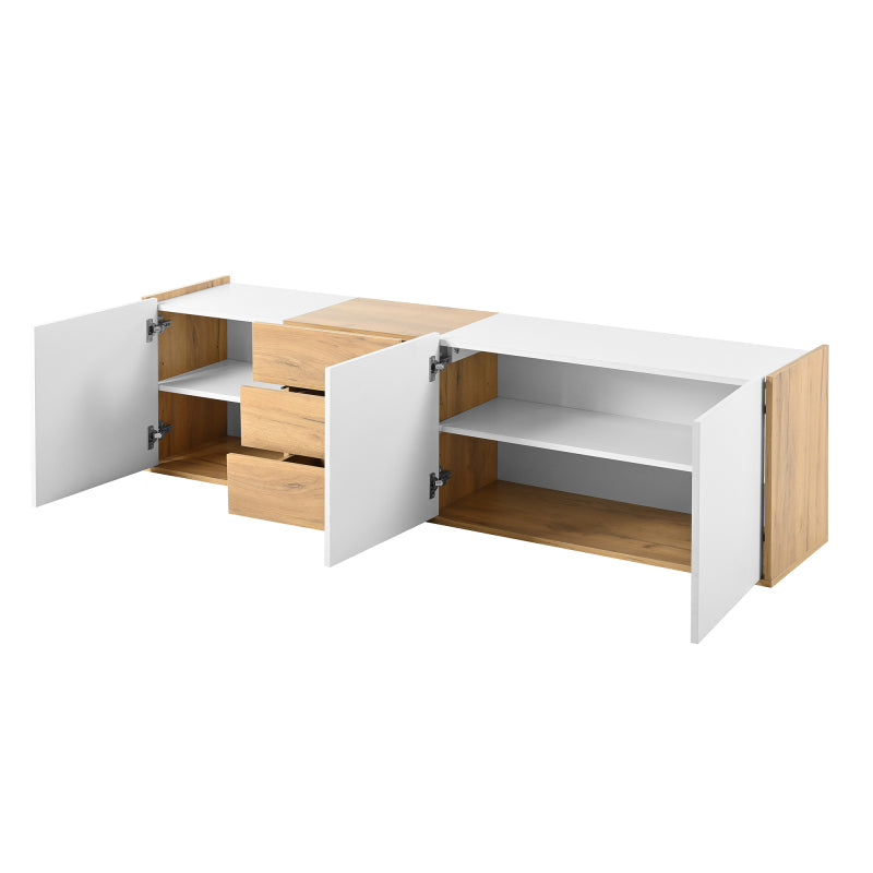 TV-Schrank, niedriges Paneel in Weiß und Holzfarben, TV-Möbel, die an die Wand gehängt oder auf den Boden gestellt werden können