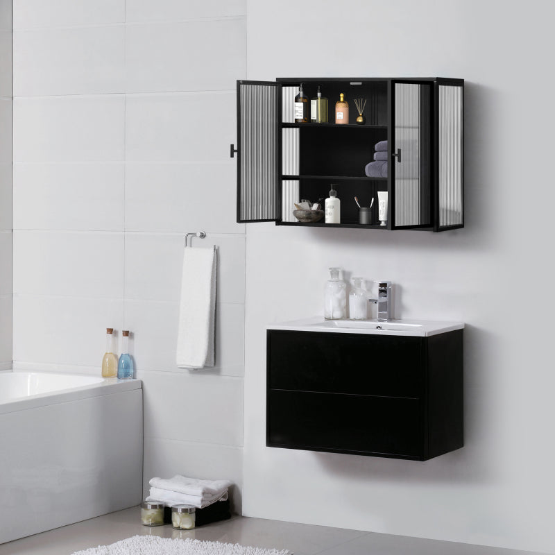 70CM Glastüren Moderner zweitüriger Wandschrank mit dreistufiger Lagerung für Eingangsbereich Wohnzimmer Badezimmer Esszimmer(Black)