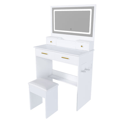 Schminktisch XXL Spiegel (75x48 cm) LED, Steckdose, 4 Schubladen, inkl. Hocker