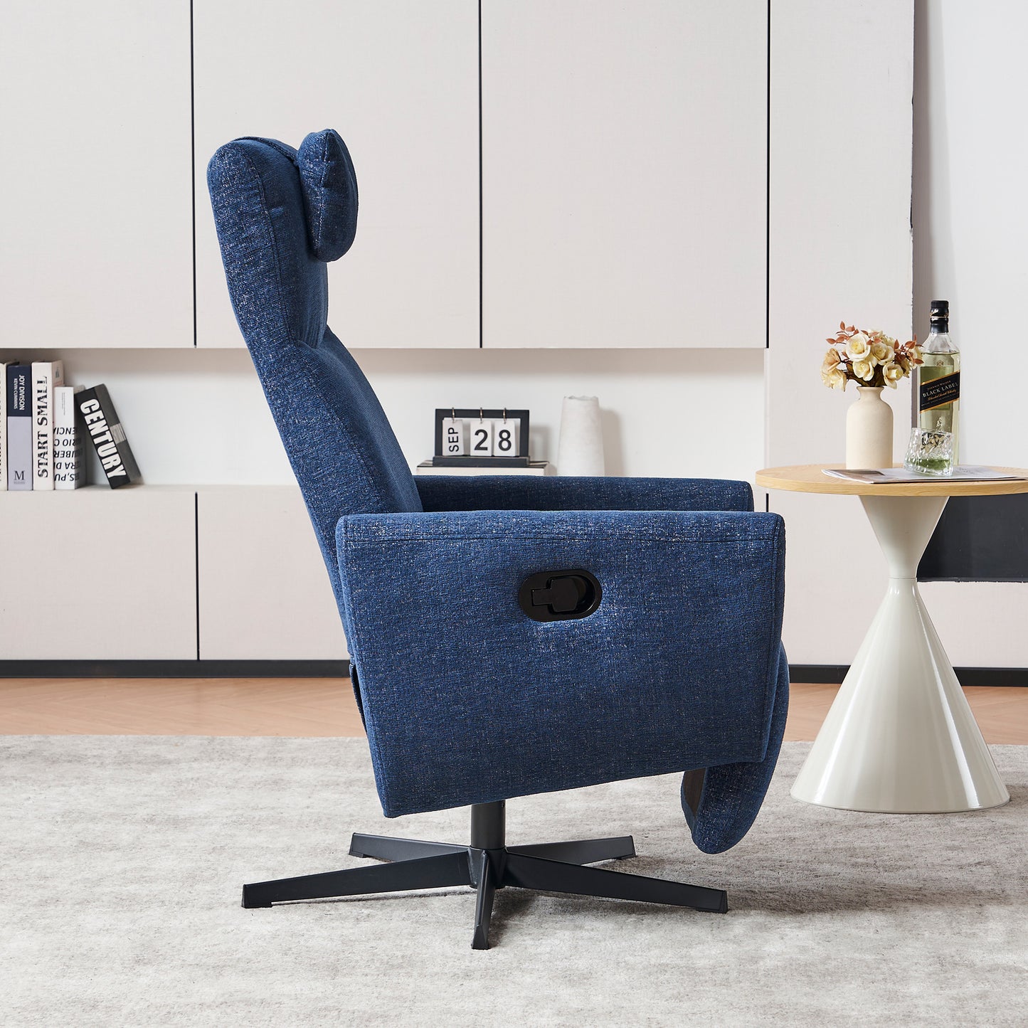 Bequemer Relaxsessel mit Liegefunktion – Chenille Fernsehsessel mit Fußstütze, drehbarer Stillsessel & Loungesessel für Wohnzimmer, modernes Sofa, Blau