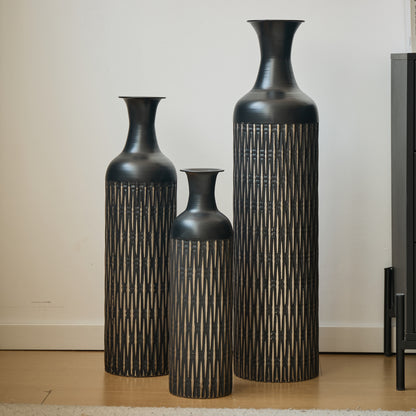 3er Set Bodenvase Metall, Schwarz, Rillen-Design, Hohe Übertöpfe 83/66/50 cm