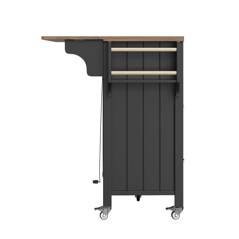Kücheninsel mit herausnehmbaren Trennwänden, Speisewagen mit Arbeitsplatte, Buffetschrank, Speisewagen mit Glasvitrine in Holzmaserung, LED-Leuchten, seitlicher Handtuchhalter mit Rollen, Schwarz