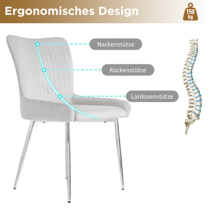 Samt-Esszimmerstuhl, 2er-Set, luxuriös, Wohnzimmer, Schlafzimmer, Lounge-Stuhl mit vier Silberne Metallstützbeinen, Lendenwirbelstütze,Grau
