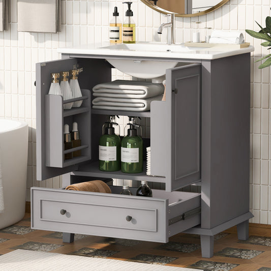 76x46x87cm Bodenstehender Badezimmerschrank mit Waschbeck, Waschtisch,Beine aus Massivholz, MDF-Material, feuchtigkeits- und wasserdicht, großer Stauraum, integriertes Keramikwaschbecken, Grau