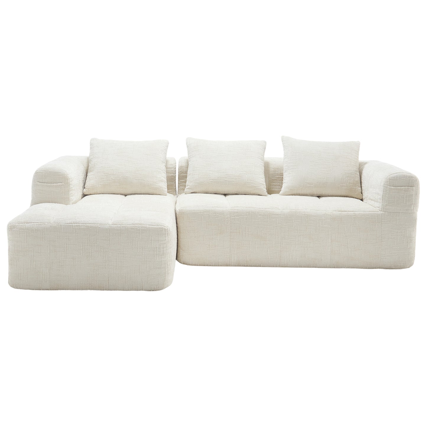 Modernes Sektionssofa, L-Sofa, 3-Sitzer-Sofa, keine Installation erforderlich, Chenille-Sofa mit Chaiselongue und Armlehnen, 3 Kissen, Seitentasche für Fernbedienung, Beige