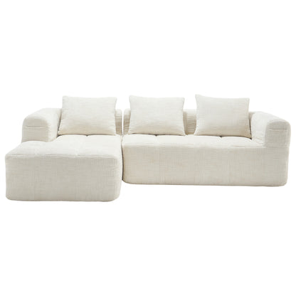 Modernes Sektionssofa, L-Sofa, 3-Sitzer-Sofa, keine Installation erforderlich, Chenille-Sofa mit Chaiselongue und Armlehnen, 3 Kissen, Seitentasche für Fernbedienung, Beige