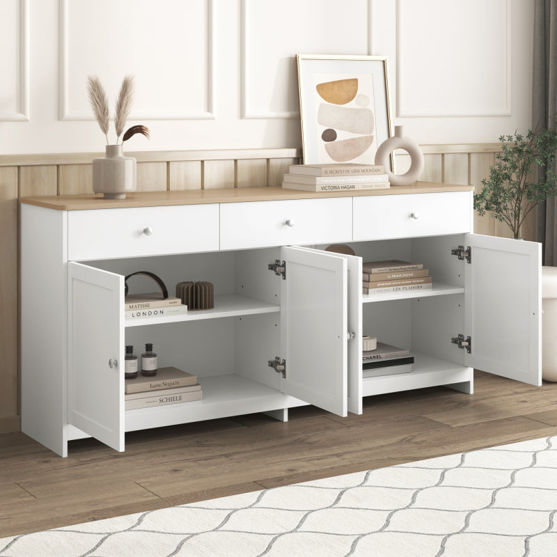 Sideboard mit weißer Holzmaserung, vier Türen, mit drei Schubladen, Wohnzimmer, Esszimmer. Holzfarbe und Weiß