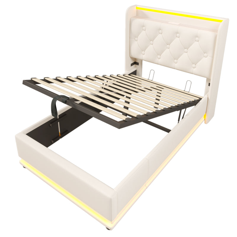 Polsterbett einzelbett, 360-Surround-LED-Funktion, Drucktaste/App/Fernbedienung, 90*200 cm, weiß PU-Material Hydraulisches Lagerbett, gepolstertes Kopfteil mit USB Typ-C Ladefunktion (Mit Matratze)
