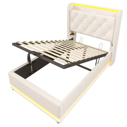 Polsterbett einzelbett, 360-Surround-LED-Funktion, Drucktaste/App/Fernbedienung, 90*200 cm, weiß PU-Material Hydraulisches Lagerbett, gepolstertes Kopfteil mit USB Typ-C Ladefunktion (Mit Matratze)