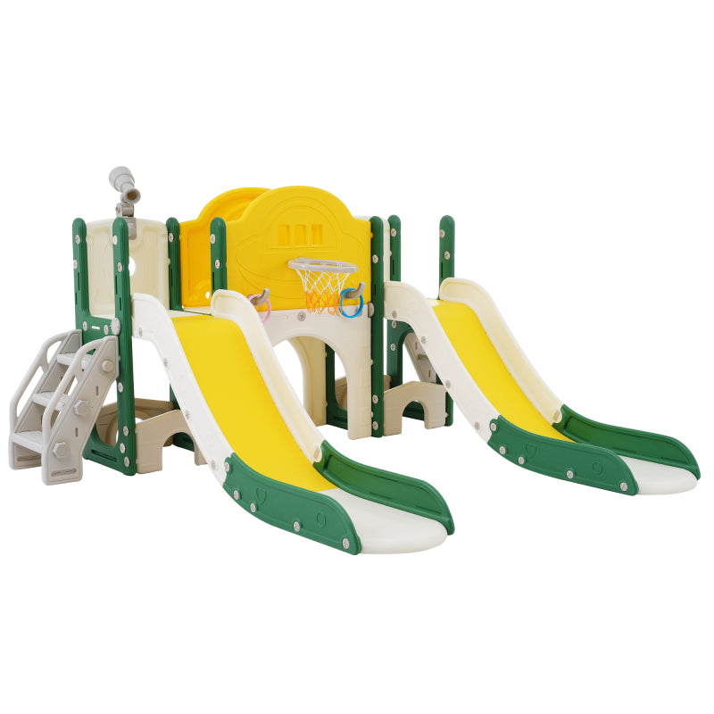 8 in 1 Kinderrutsche Kletterspielzeug, Multifunktionsrutsche mit 2 Rutschen, freistehende Rutsche, Klettern, Bohrspiel, Stauraum, Spielkorridor, Basketballkorb, Lasso-Spiel, Teleskop
