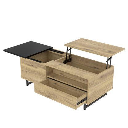 Couchtisch mit LED-Beleuchtung, Tischplatte höhenverstellbar, Holzoptik/Schwarz