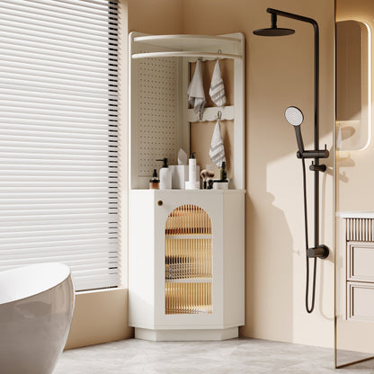 Badschrank mit Lichtleiste, Badmöbel, Eckschrank mit Staufach, offenes Fach mit Haken, mit verstellbaren Einlegeböden, 45 x 45 x 166,6 cm, weiß