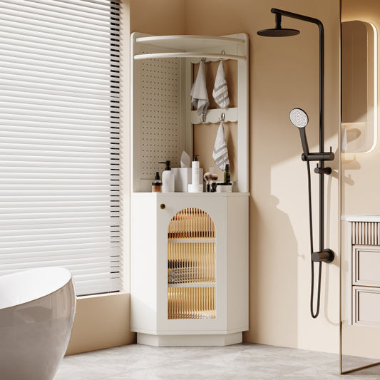 Badschrank mit Lichtleiste, Badmöbel, Eckschrank mit Staufach, offenes Fach mit Haken, mit verstellbaren Einlegeböden, 45 x 45 x 166,6 cm, weiß