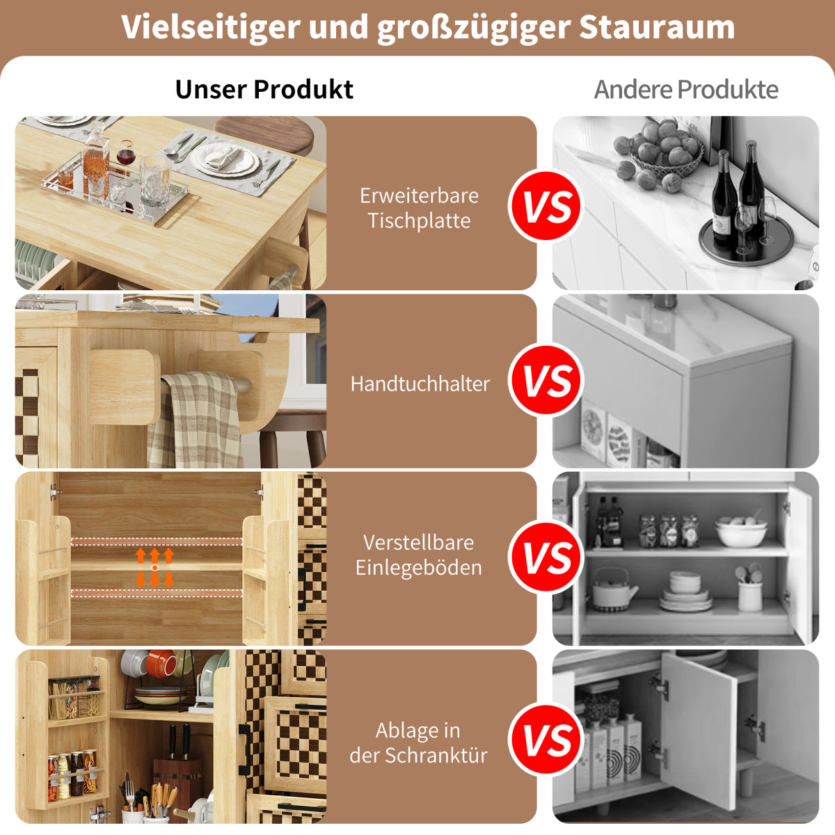 Kücheninsel 120x75cm klappbar Servicewagen mit Rollen, Buffetschrank Natur Holzoptik, Schachbrettmuster, 3 Schubladen & Handtuchhalter