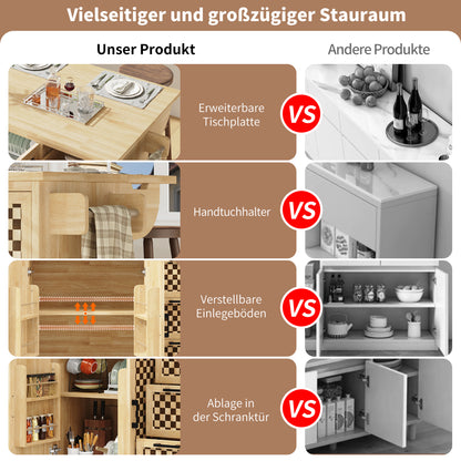 Kücheninsel 120x75cm klappbar Servicewagen mit Rollen, Buffetschrank Natur Holzoptik, Schachbrettmuster, 3 Schubladen & Handtuchhalter