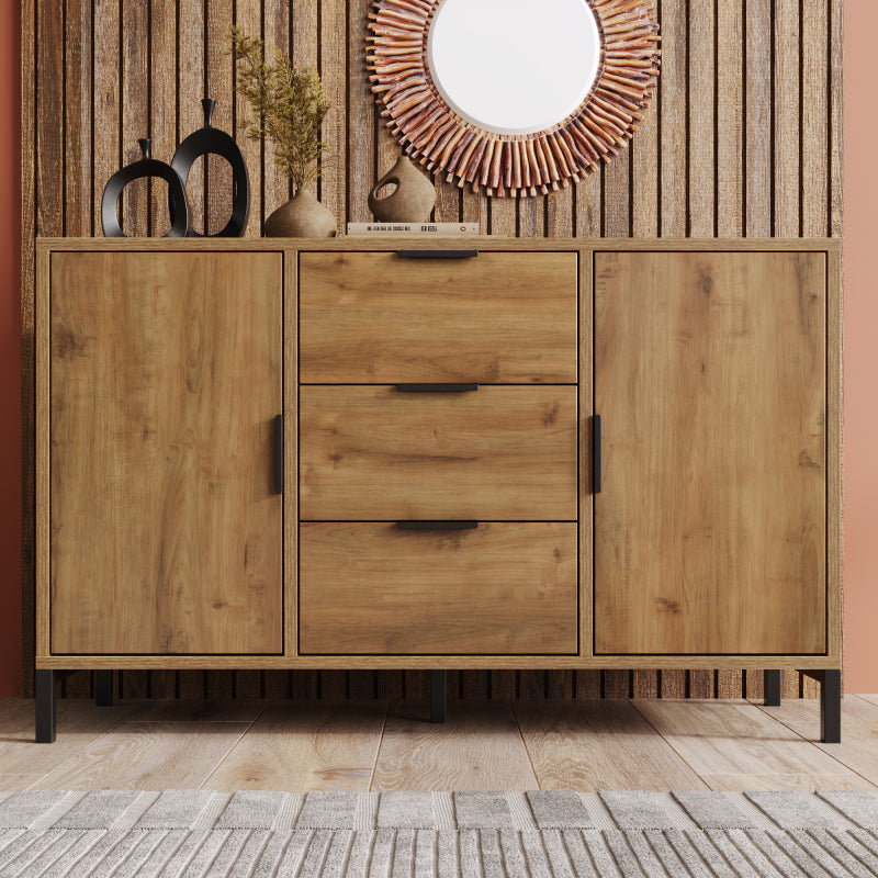 Kommode mit 2 Türen und 3 Schubladen, 120 x 40 x 76 cm in Dunkle Eiche, Verstellbare Ablage, Sideboard Highboard für Schlafzimmer & alle Wohnräume