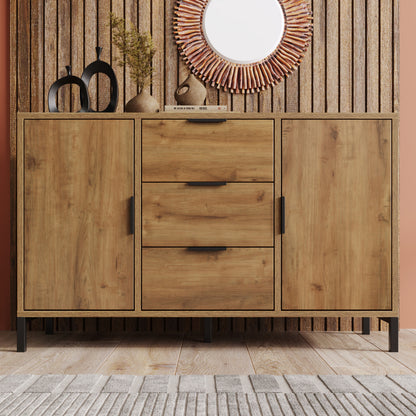 Kommode mit 2 Türen und 3 Schubladen, 120 x 40 x 76 cm in Dunkle Eiche, Verstellbare Ablage, Sideboard Highboard für Schlafzimmer & alle Wohnräume