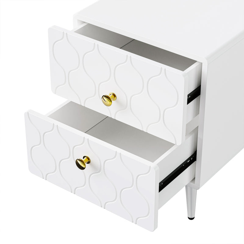 Moderner Nachttisch, vergoldete Griffe, Wellenmuster, 2er-Set, mit 2 Schubladen, lackiert, Ecken mit stoßfestem Design, 39,5 B*40 T*50 H cm, Weiß