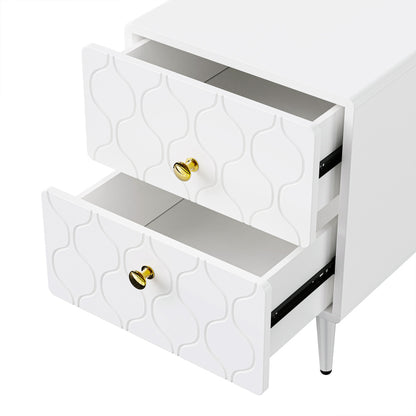 Moderner Nachttisch, vergoldete Griffe, Wellenmuster, 2er-Set, mit 2 Schubladen, lackiert, Ecken mit stoßfestem Design, 39,5 B*40 T*50 H cm, Weiß
